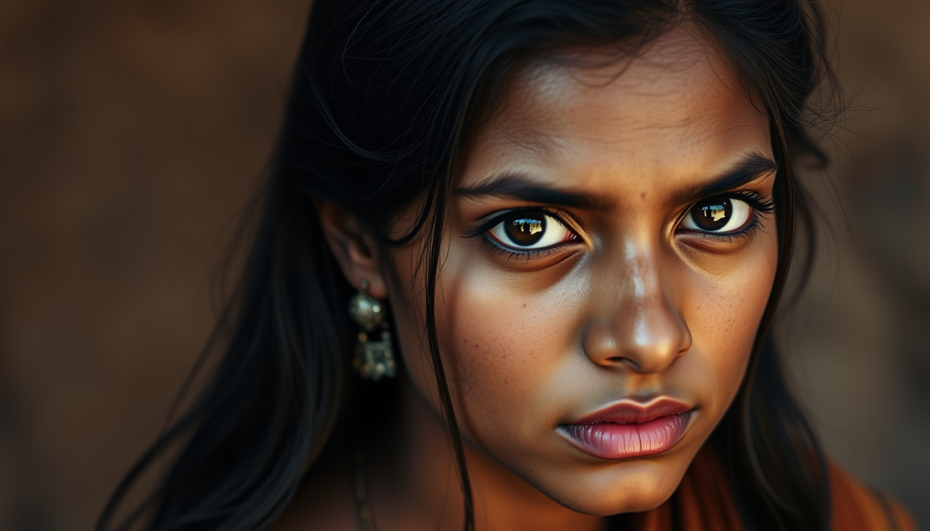 Main art studio: Photorealistic close-up portrait of Neera Arya, young Indian woman from the 1940s, expressive dark eyes, long black hair, traditional simple saree, se