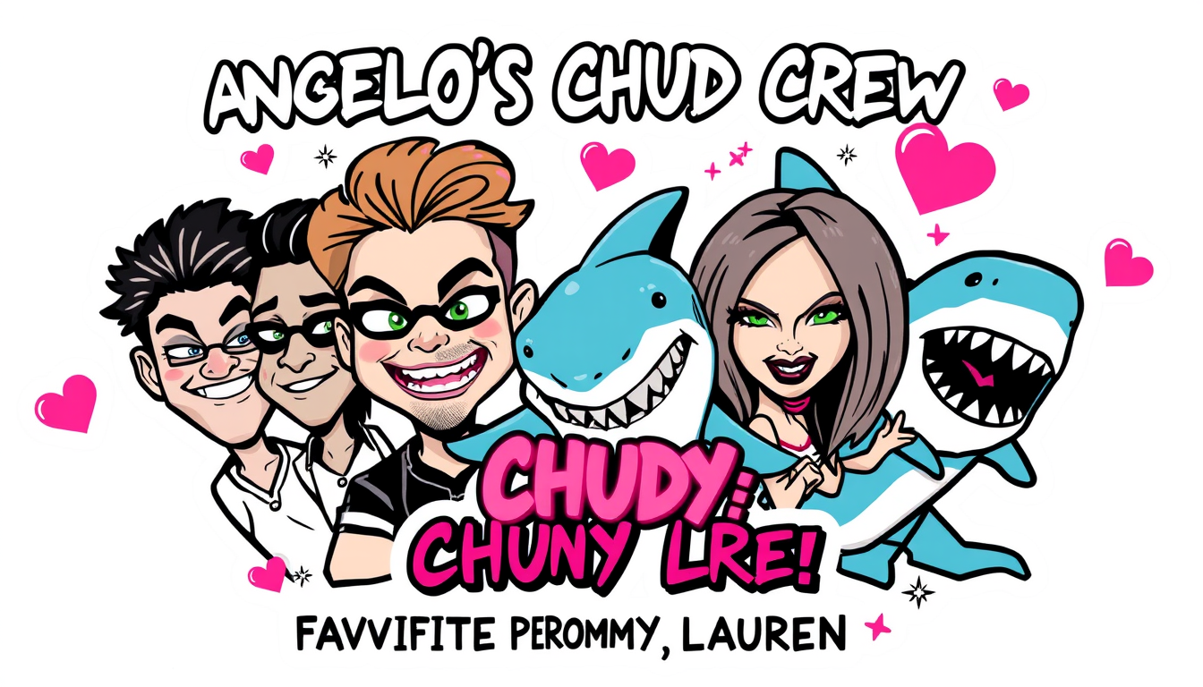 Main art studio: Create a funny TikTok LIVE sticker for Angelo 🦈🖤 using the uploaded photo of Lauren. Include Angelo and his main fans/gifters: Javi, Ben, Camilla, K