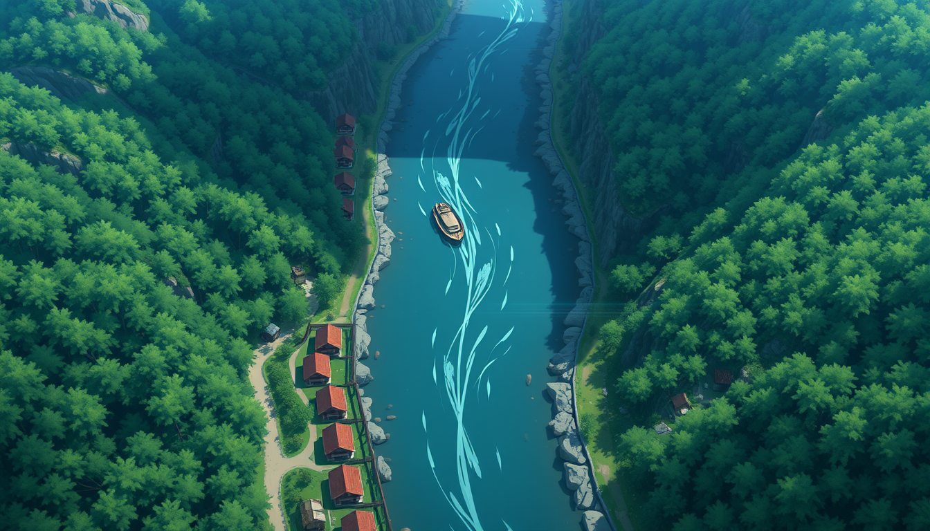 Main art studio: A bird's-eye view. Anime style. A river flows among forested mountains. Along the river is a road, and along the road are wooden huts of various color