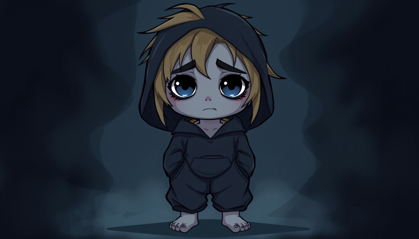 AI Art prompt example created from the prompt: gothic, indie art style 2D horror game character, messy blonde hair, pale gray skin, large tired blue eyes, dark circles under eyes, dark ov