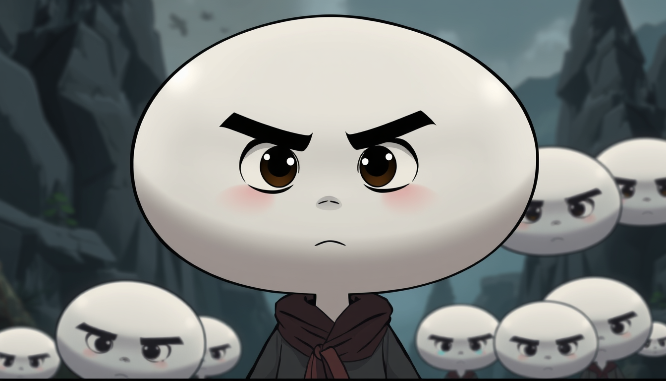 AI Art prompt example created from the prompt: 2D comic-style cartoon, large round white heads, expressive eyes and eyebrows, simple facial features, realistic clothing, detailed environm