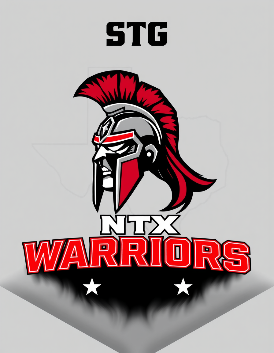 Main art studio: Football Themed; outline of the state of Texas in the background; "NTX WARRIORS" at the bottom; "STG" at the top; Colors: Red & Black, silver; Mascot: