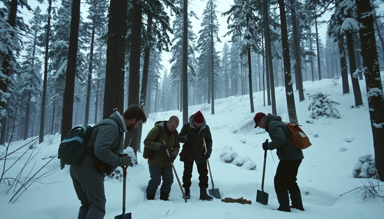 Main art studio: Soviet search team carefully investigating a snowy forest area beneath tall trees in the Ural Mountains, 1959, winter rescue equipment and shovels, co