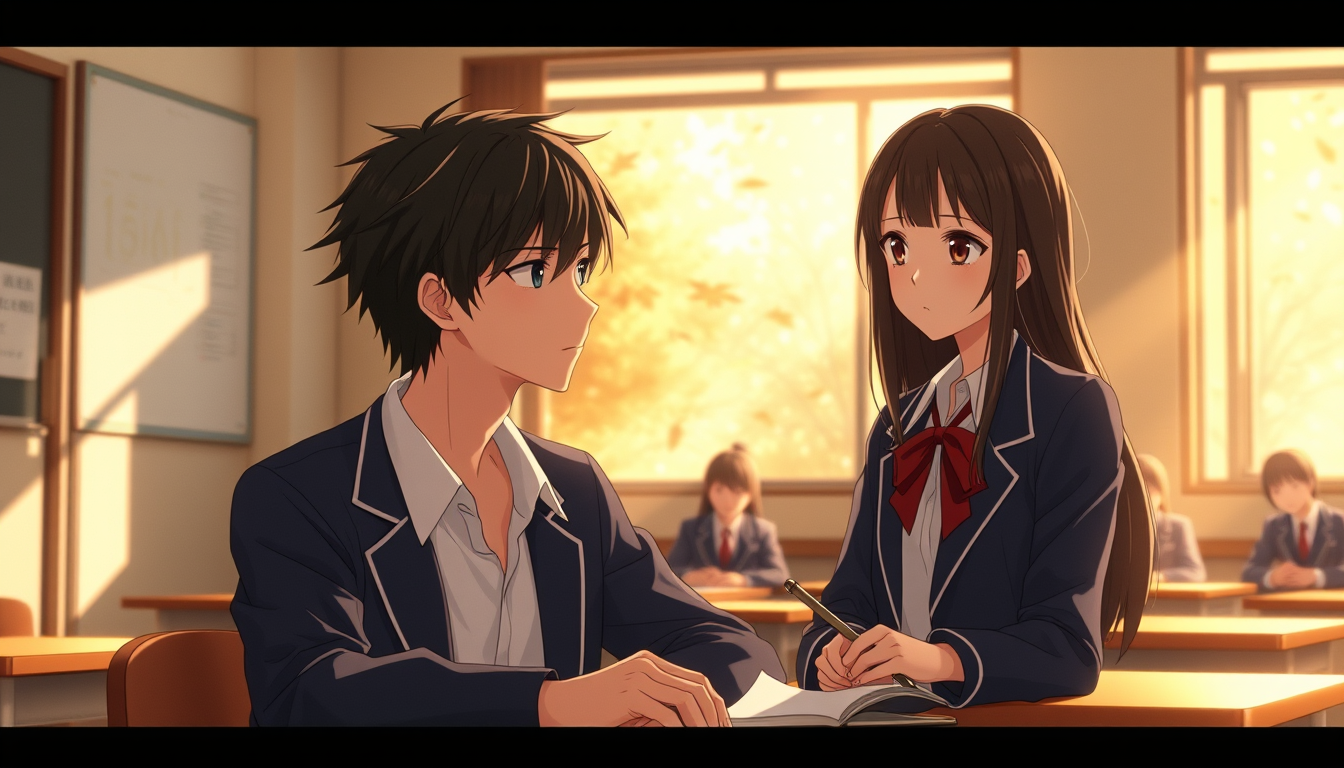 Main art studio: Create Scene 2 of the original cinematic Japanese anime romance movie October Theory. Inside a Japanese high school classroom on a quiet October after