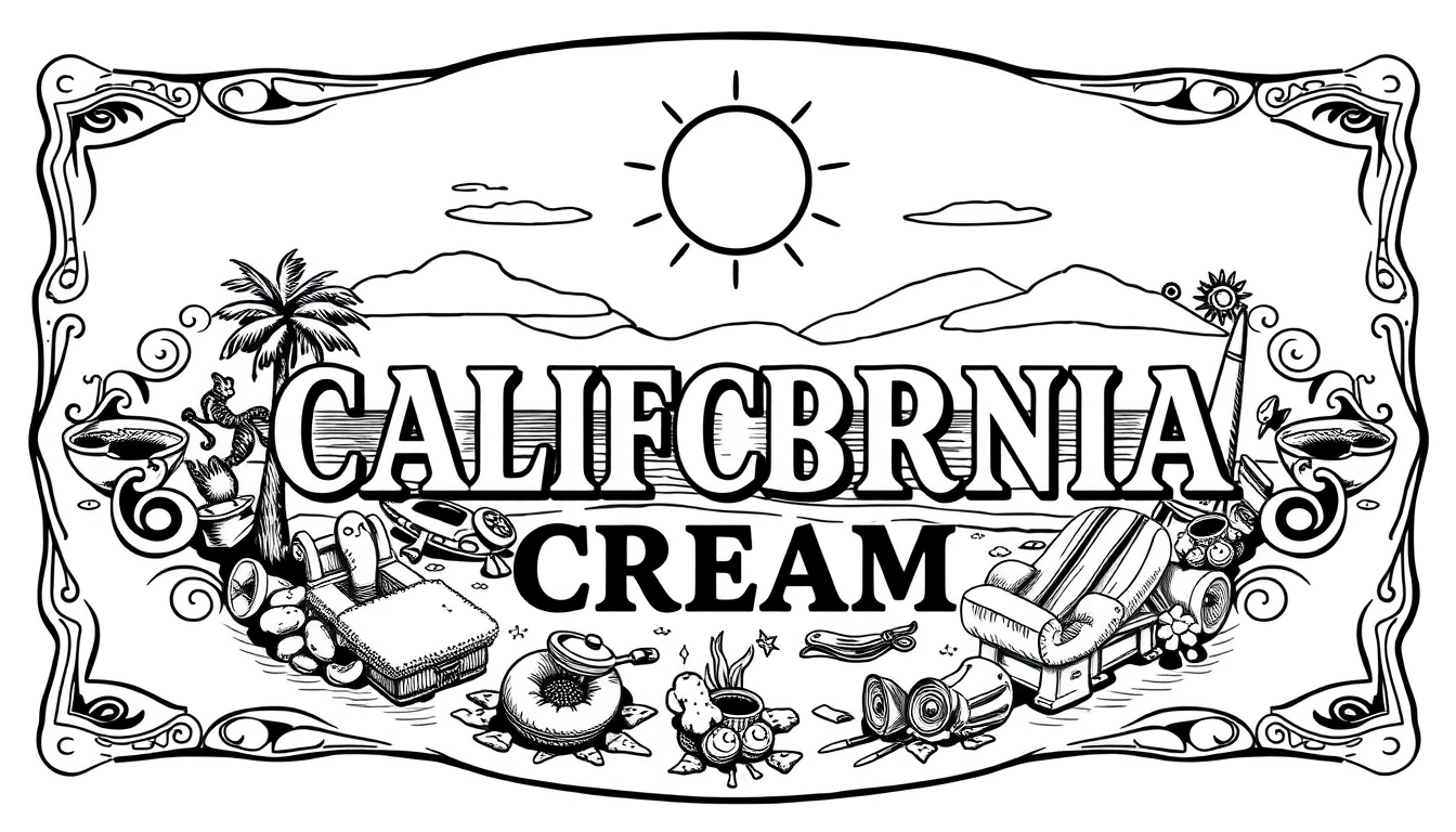 Main art studio: a 19. century black and white label. one by one inch. a complex graphic that shows typical california beach and things. name of the product: CALIFORNI