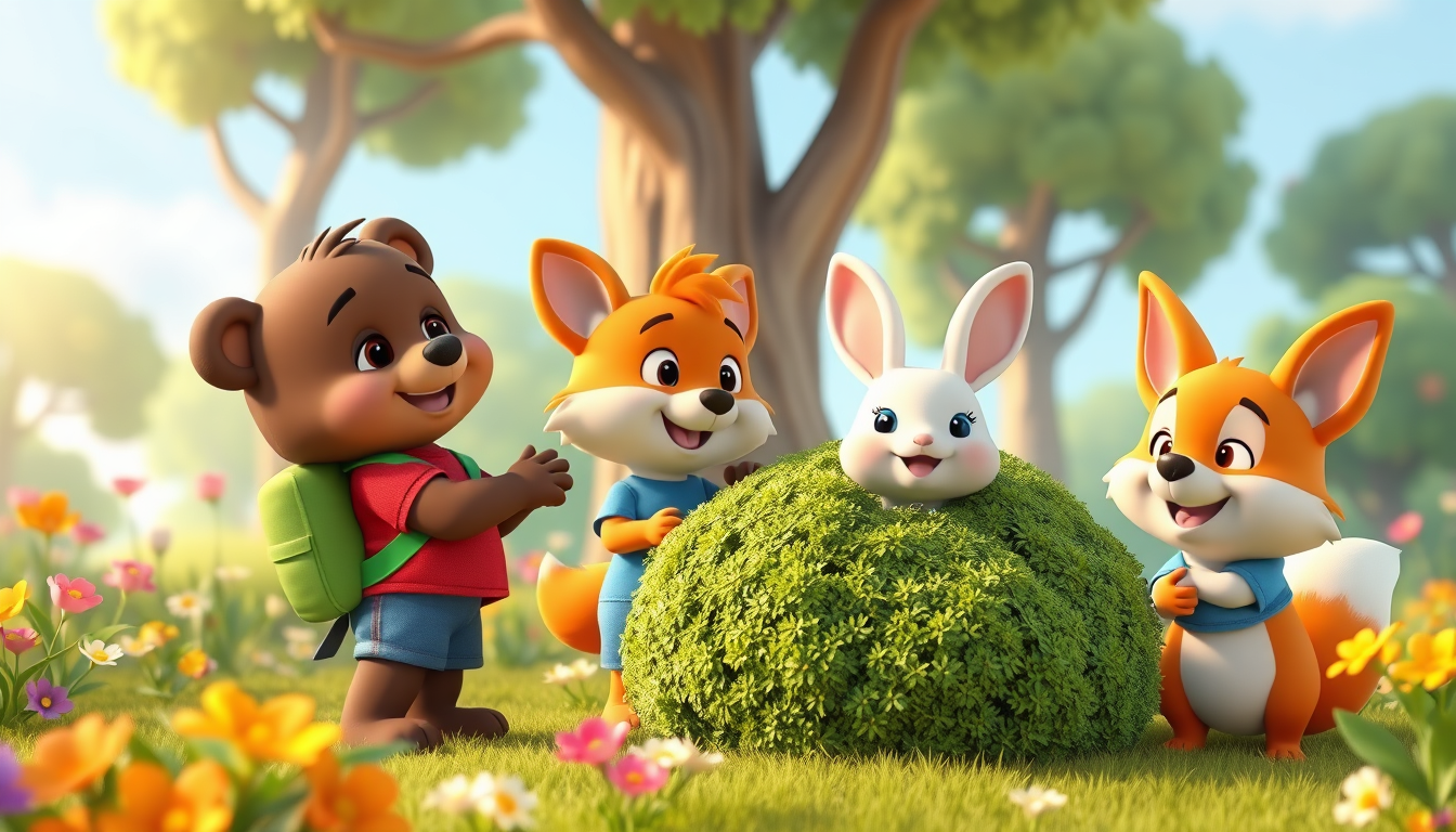 Main art studio: 3D animated children's cartoon. Bruno, a cute brown bear in a red T-shirt, blue shorts, and green backpack, and Benny, a small white rabbit in a blue 