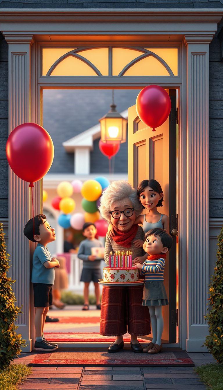 Main art studio: The Door OpensWritingAn elderly American grandmother opening the front door of her beautiful suburban home, suddenly seeing her entire loving family s