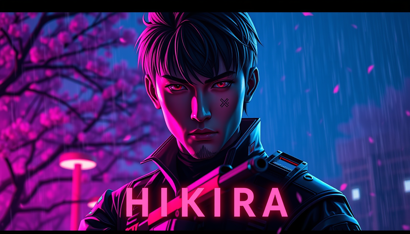 Main art studio: VALORANT × Hikira song thumbnail, YouTube gaming montage style, 1280x720. A cinematic VALORANT agent in the foreground with a serious expression, neon