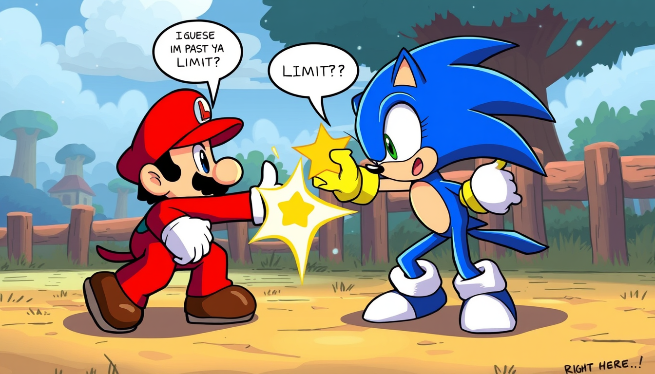 Main art studio: A comic of mario fighting sonic in ponyville from mlp Mario saying i guese im past your limits and sonic said limit? LIMIT!?😡😡😡 then sonic turns in