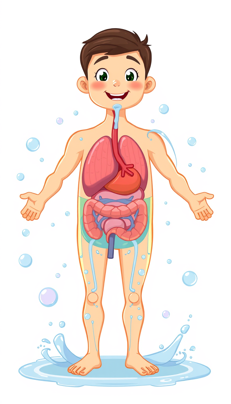 Main art studio: Vertical 9:16, colorful 2D cartoon educational animation, full human body with happy expressive organs, water circulating through the body, healthy hy