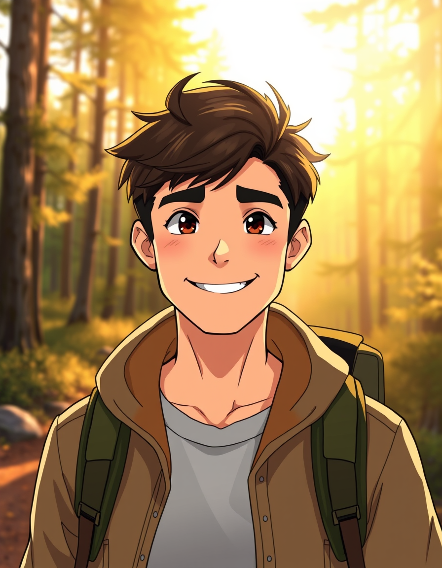 Main art studio: Anime portrait of Theo, friendly adult man age 23, loyal childhood friend and adventure lover, gentle confident smile, sunlit forest trail, travel jac