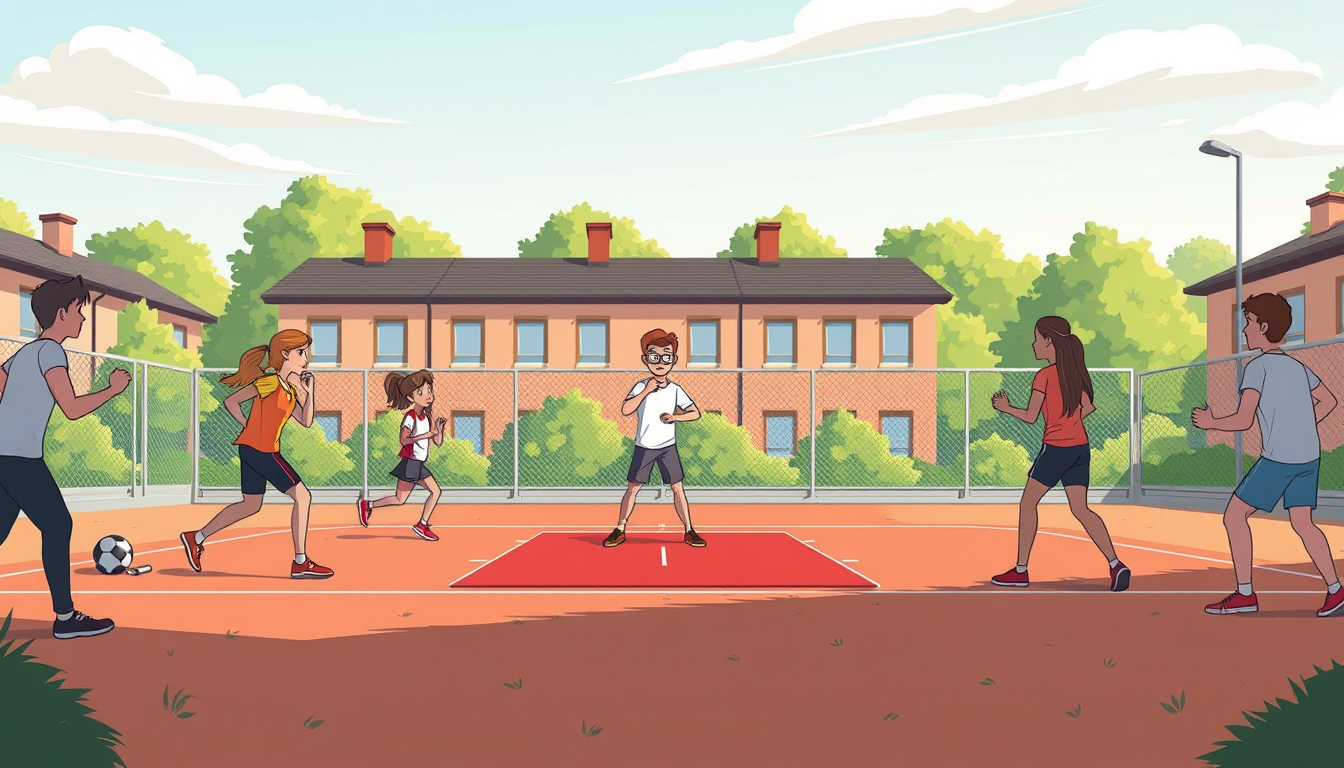 Main art studio: cours d'éducation physique qui se déroule dehors. l'image est en style cartoon