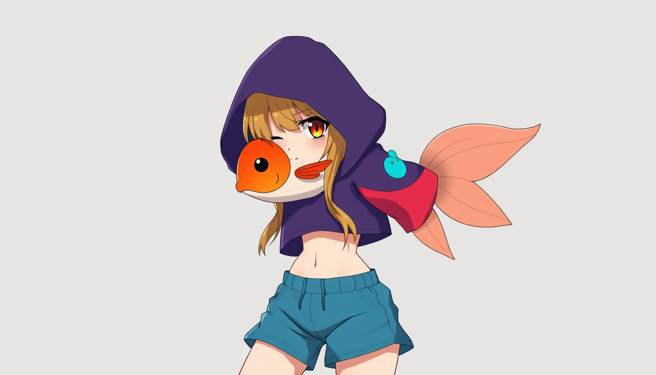 AI Art prompt example created from the prompt: Do a female goldfish humanoid wearing a dark purple crop hoodie with a reddish pink right sleeve and a cyan left sleeve, and blue shorts, an