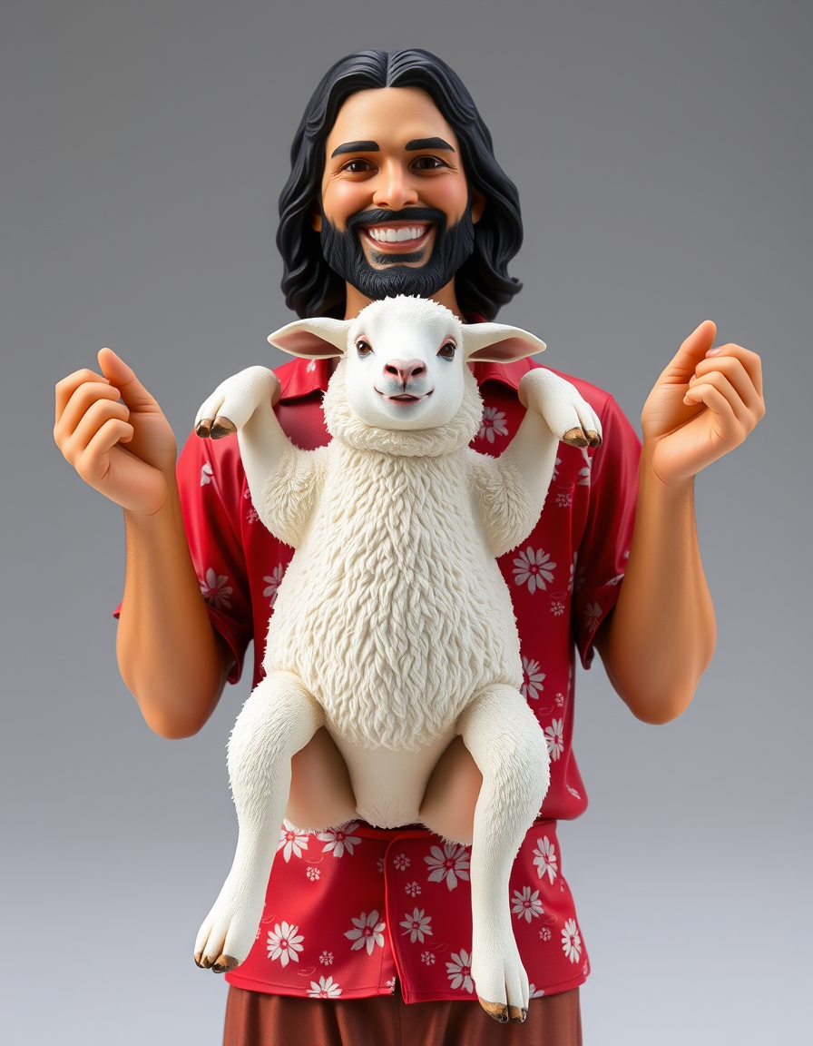 AI Art prompt example created from the prompt: Premium collectible statue of JESUS CHRIST as the Good Shepherd, in a modern GTA-style open-world game aesthetic. Jesus has Middle Eastern f