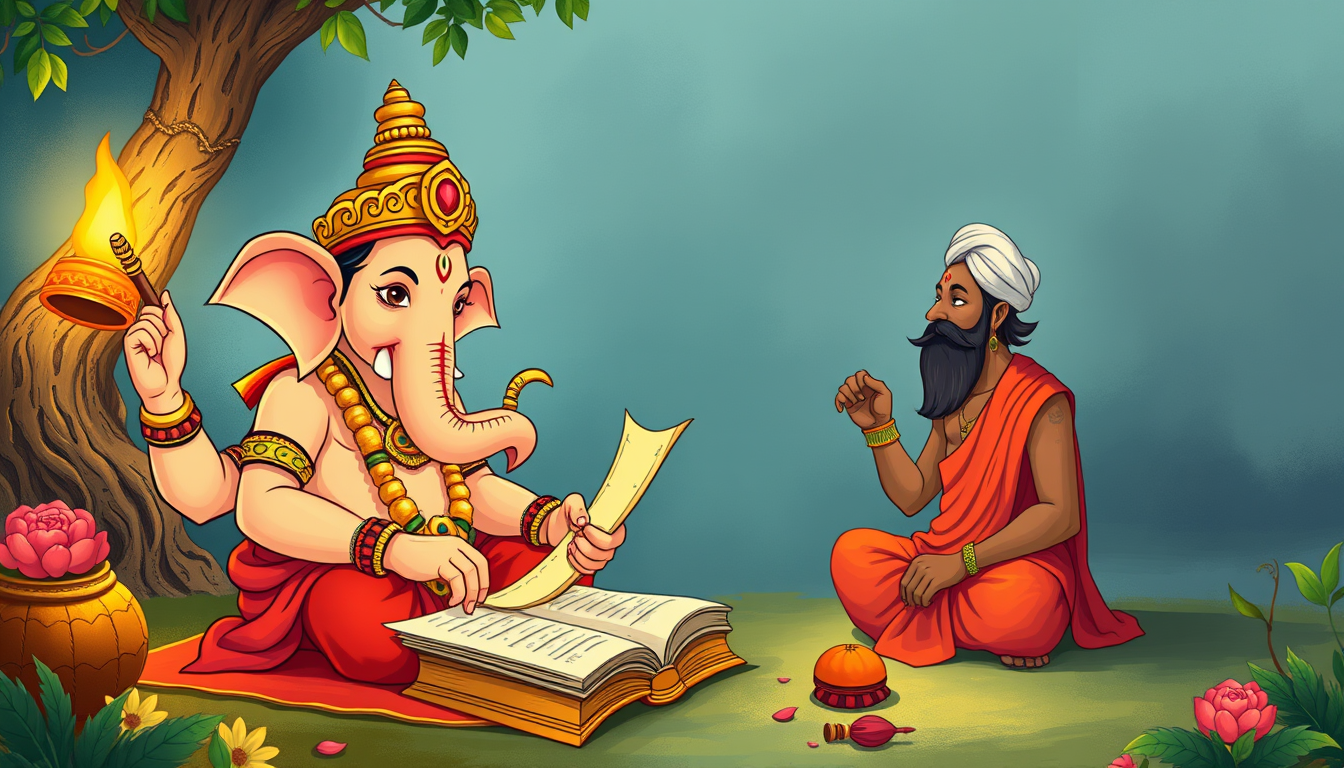 Main art studio: A beautiful children's storybook illustration of Lord Ganesha writing the Mahabharata, sitting beside Sage Vyasa. Ganesha is writing on traditional pa