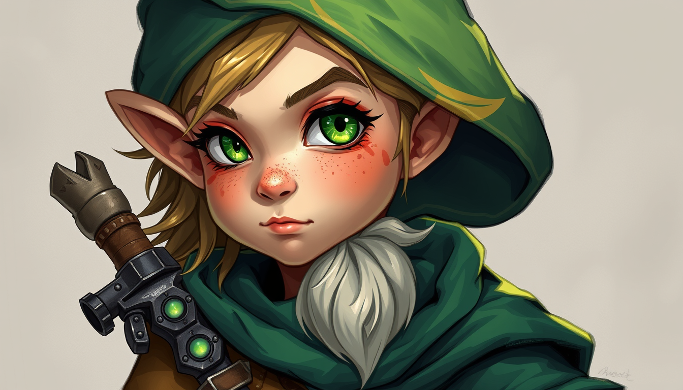 RPG Character idea created from the prompt: RPG character portrait, fantasy class outfit, detailed illustration, une Jeune gnome des forets artificiere avec un oeil vert et un cache oe