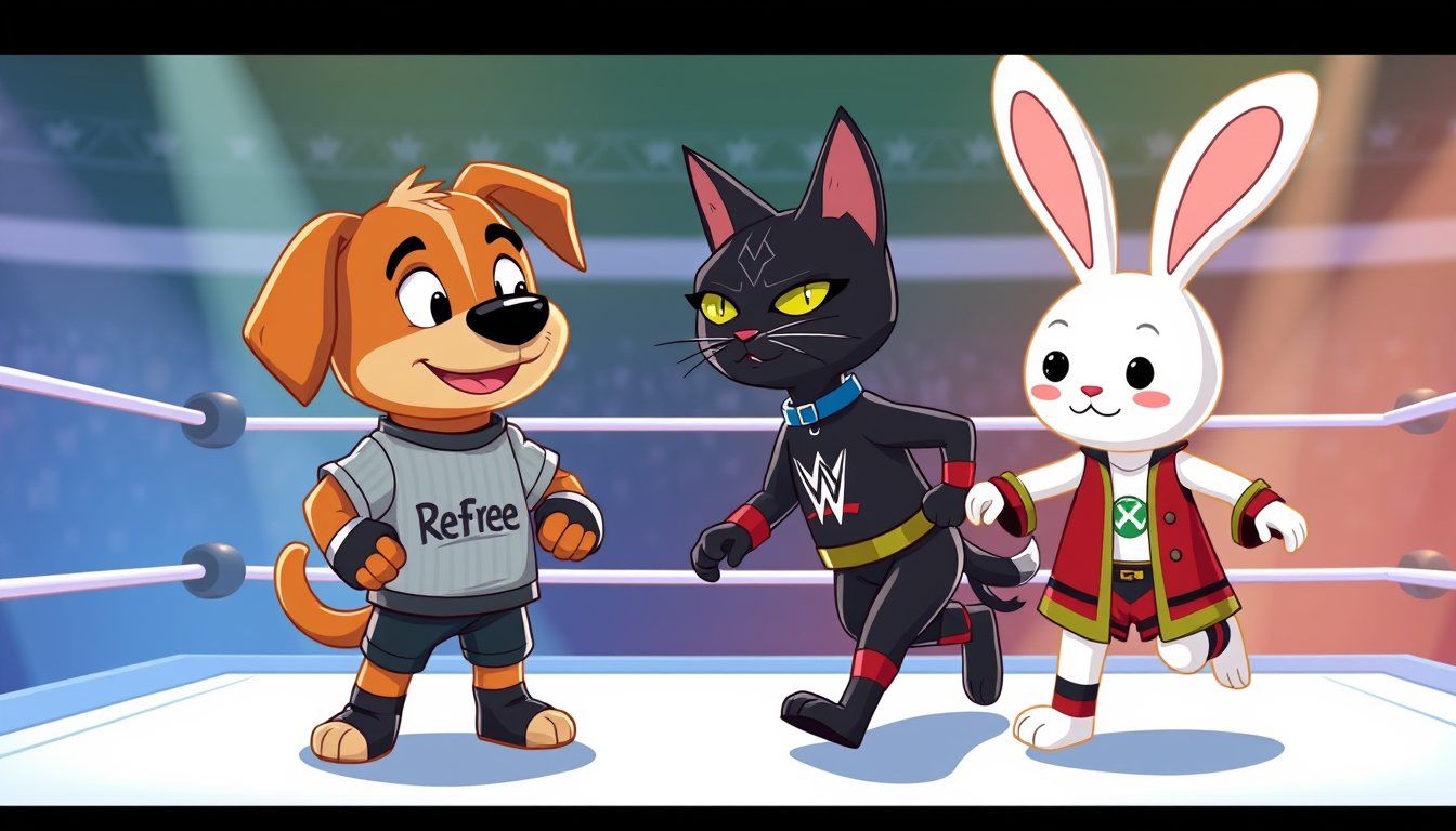 Main art studio: kids cartoon in a wwe ring the refree is a dog wearing a refree t-shirt and the fighters is a walking black cat and walking white rabbit wearing wwe o