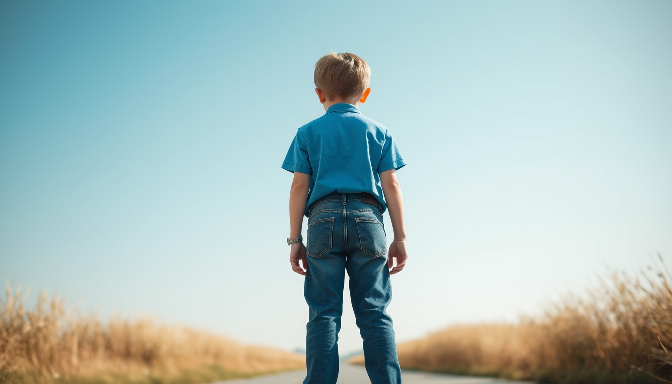 Main art studio: a boy unrealistic wearing jeans and a blue shirt facing foward unrealistic