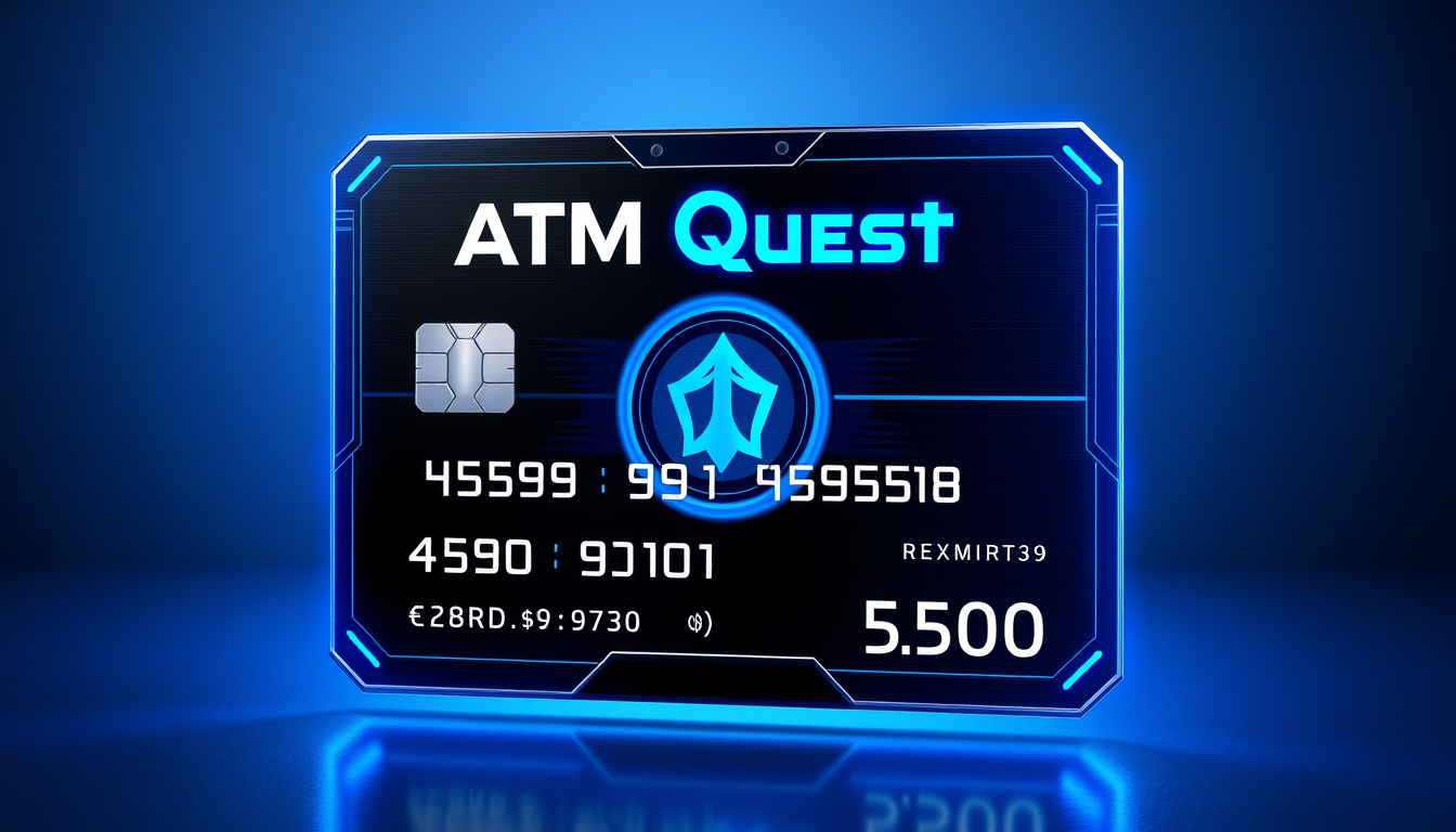 Main art studio: Futuristic ATM game card prototype for a virtual money simulator. Premium black and deep blue metallic card with neon blue edges, holographic chip, co