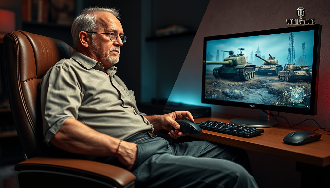 Main art studio: "World of Tanks" meme-image of an arty-player (older person) sitting on chair in front ob pc, right hand on gaming mouse while playing, left hand insi
