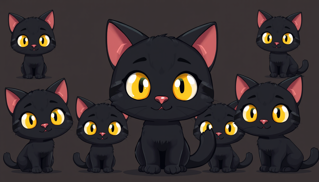 Sprite Sheet idea: a grid of animation frames sharing one character, scale, palette, and camera angle, deliberate composition, An adorable cartoon black cat featuring di