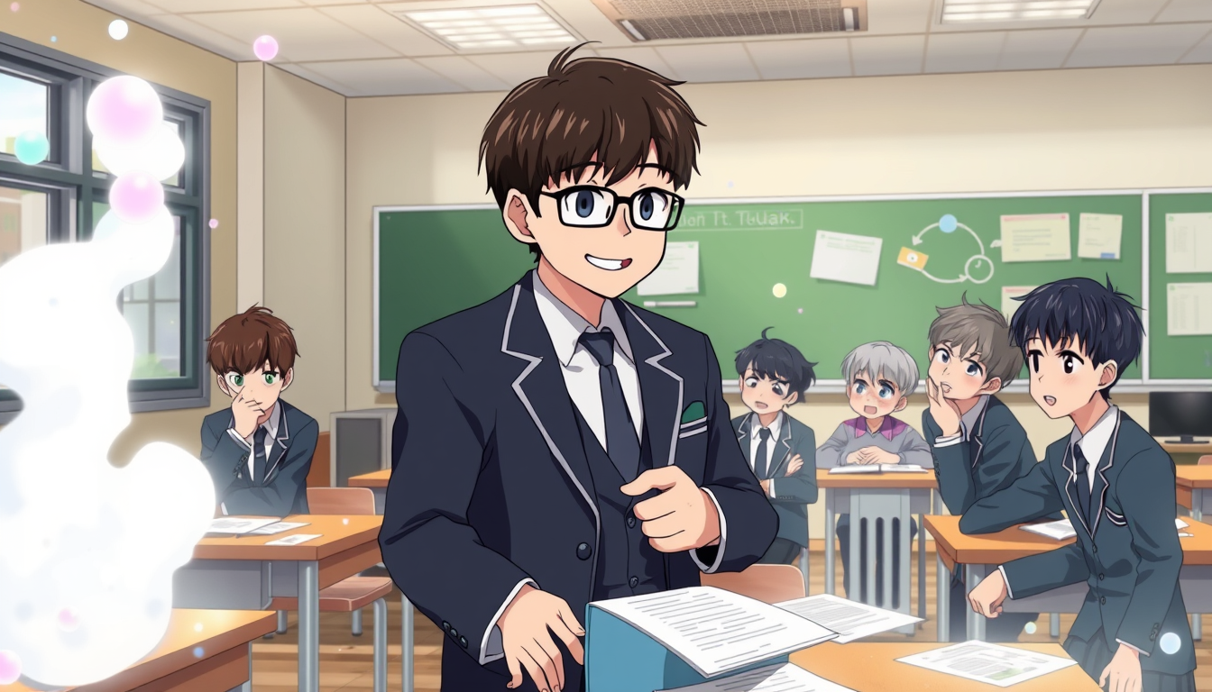 Anime idea created from the prompt: anime style, vibrant colors, expressive eyes, BTS FUNNY SCHOOL ANIME — SCENE 12: THE PRINCIPAL'S UNEXPECTED REQUEST Cinematic 2D anime illus