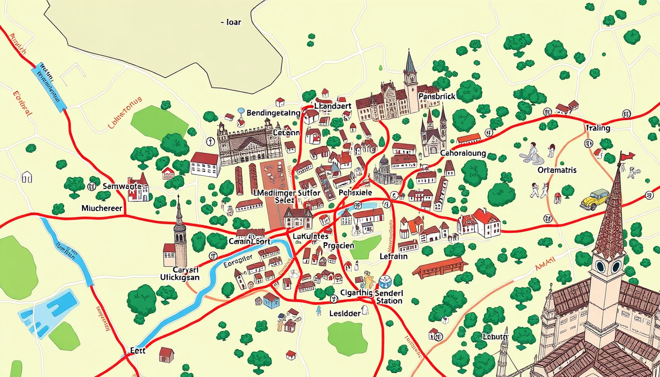 AI Art prompt example created from the prompt: comic map from munich central station (west) to lmu university (north) , to sendlinger tor (south) and Isar as the east border, but all the