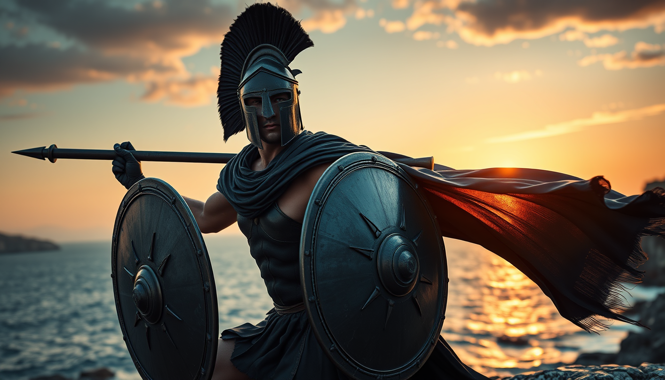 Main art studio: A hyper-realistic ancient Greek Spartan warrior in a dynamic battle stance, entirely black armor, black Corinthian helmet with a black crest, black ro