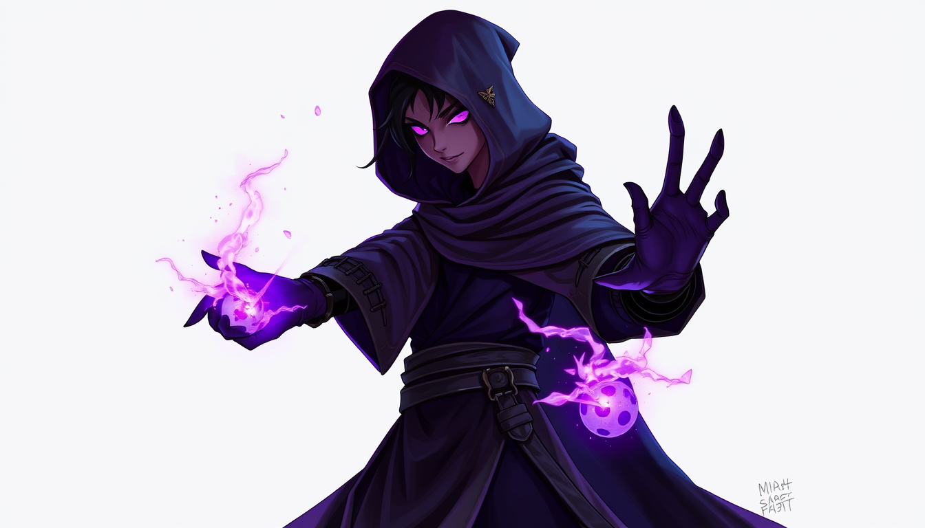 RPG Character idea created from the prompt: RPG character portrait, fantasy class outfit, detailed illustration, Illustration fantasy 2D d'un mage ennemi pour un jeu RPG, personnage en