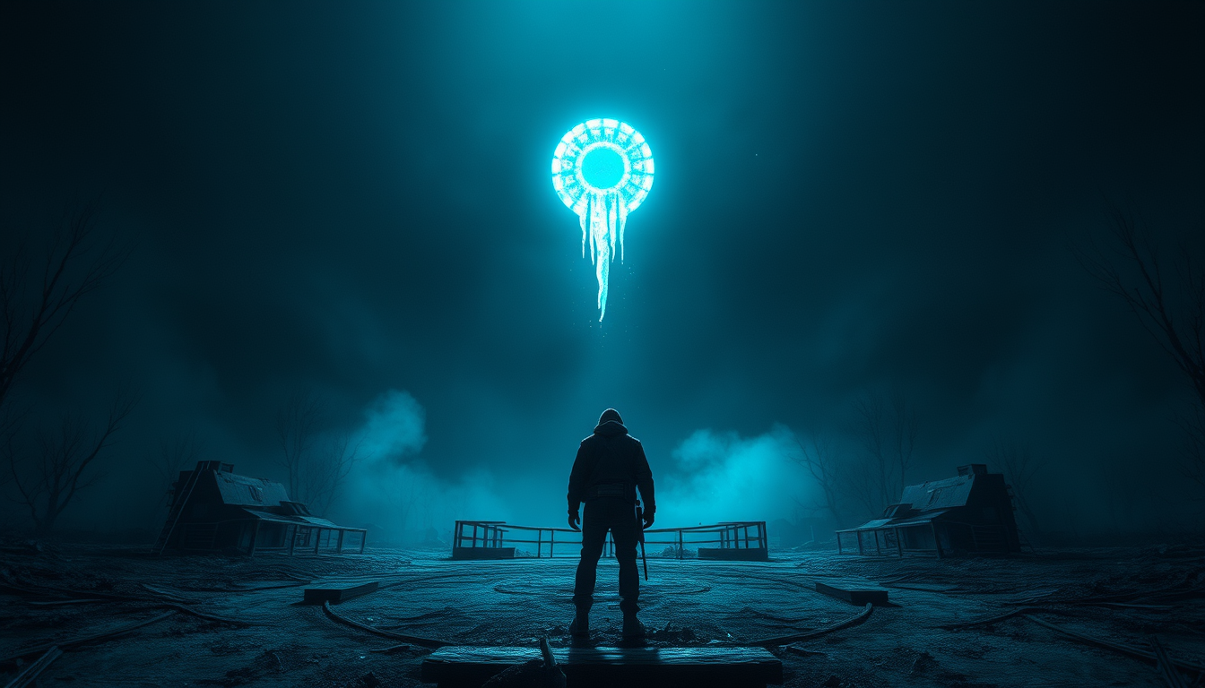 Main art studio: cinematic post-apocalyptic zone, lone stalker standing before a glowing mysterious anomaly at night, abandoned Soviet ruins, blue fog, dramatic lighti