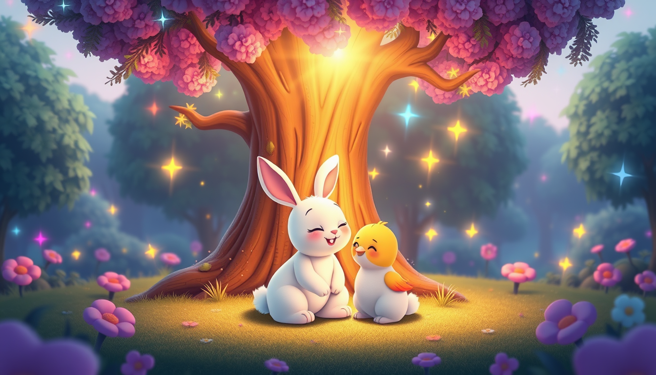 Main art studio: The same cute white bunny sits happily with the little bird under the magical tree. The magical tree shines brightly and colorful sparkles float aroun