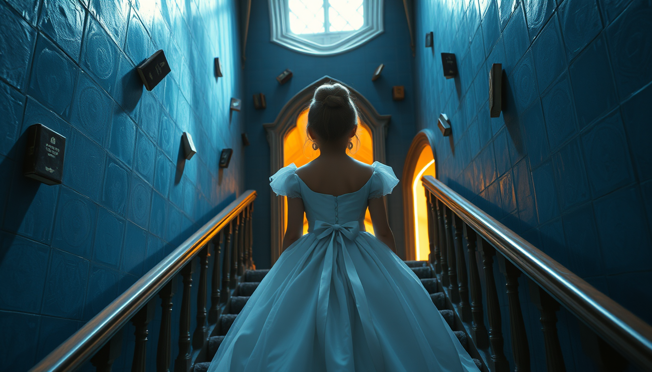 Main art studio: "A girl in a dress like Cinderella's from the movie, in a castle shown from the inside, descending the stairs. The walls are shimmering in blue shades