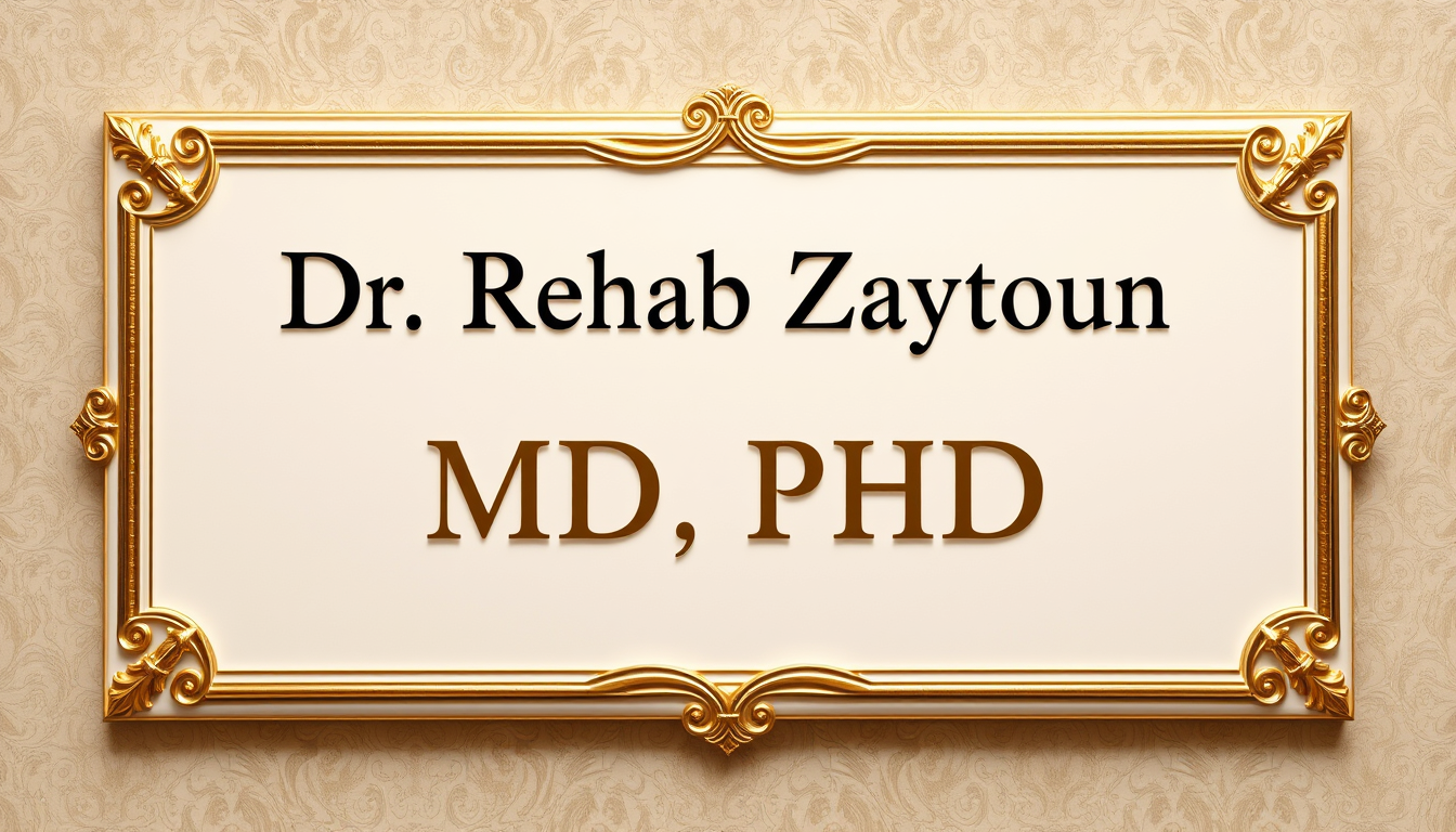 Main art studio: Create an ultra-luxury elegant typography plaque. Display EXACTLY these two lines and nothing else: “Dr. Rehab Zaytoun” “MD, PhD” The first line must