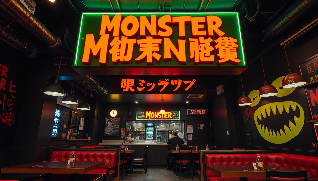 Main art studio: Bold contemporary American diner interior in Yagiyama Sendai, Japan, monster-themed architecture and graphics, black walls, acid green and electric or