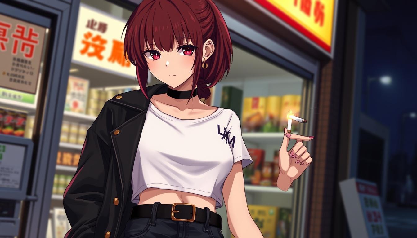 Main art studio: masterpiece, best quality, modern anime style, highly detailed, young adult woman, short dark red hair, low messy ponytail, long side locks, straight 