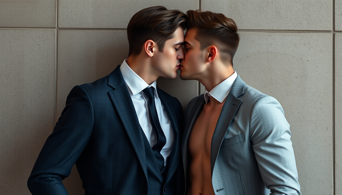 AI Art prompt example created from the prompt: make a man in a suit head to toe with another man right next to him in a suit. Make them sexy and full 3 piece with a crisp white shirt and 