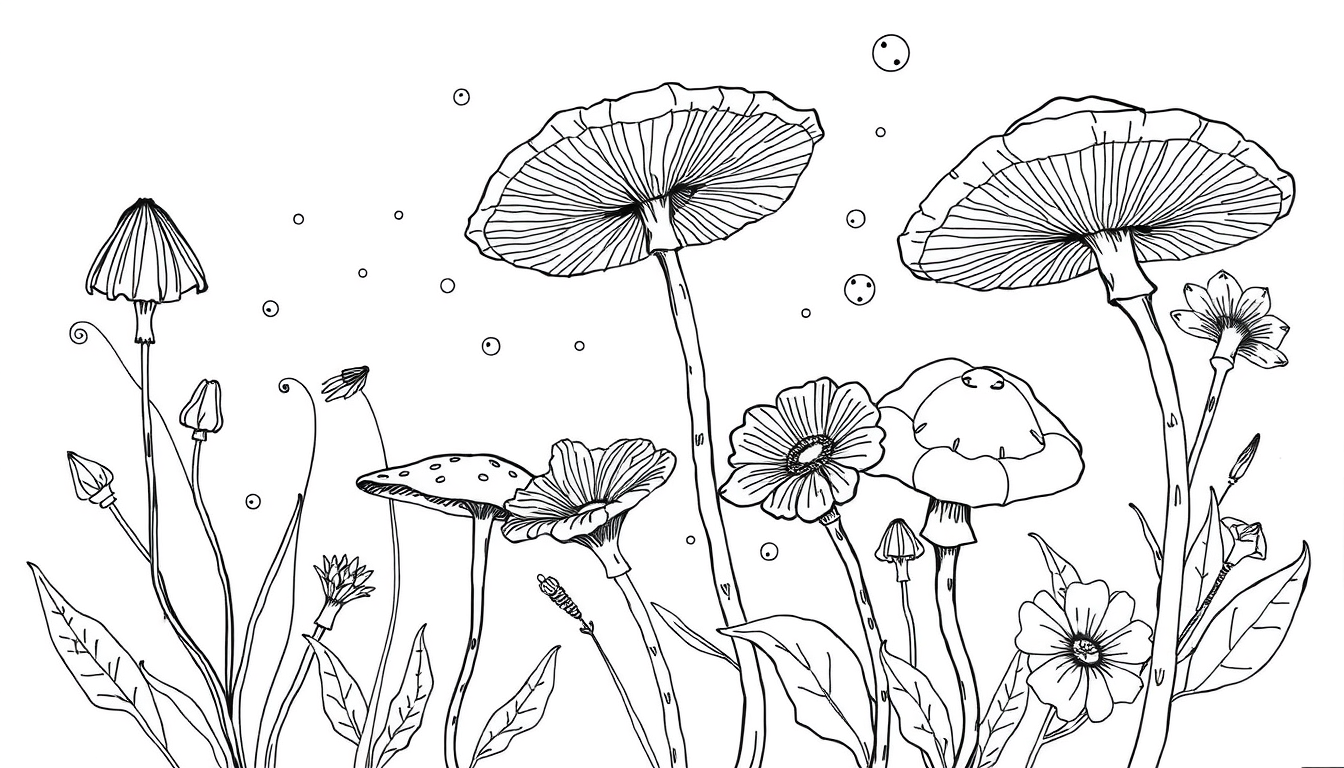 Main art studio: sketch up some line art of some flowers and flowers with some squiggles and lines and big thick bold lines and mushrooms and complex flowers and simpl