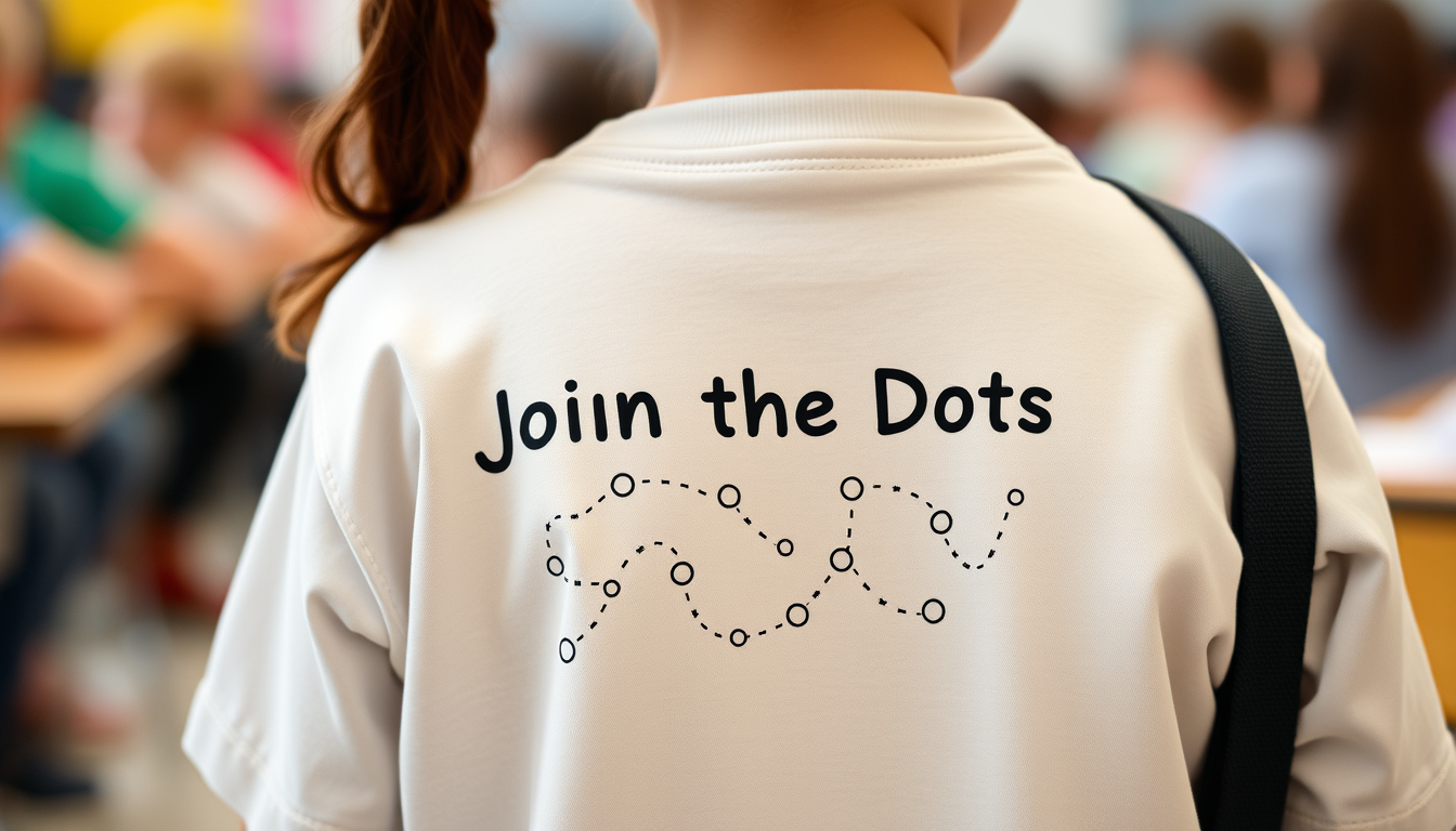 Main art studio: A "Join the Dots" puzzle printed on a student's back, but there are zero bite marks (the dots) to connect