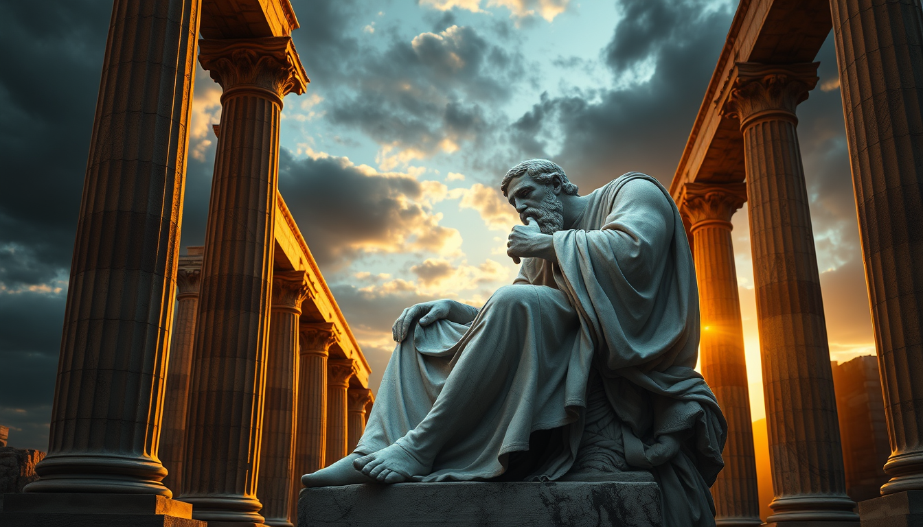 Main art studio: Ancient Greek philosopher marble statue, powerful and calm pose, sitting thoughtfully among ancient ruined columns, long robe, detailed beard and face