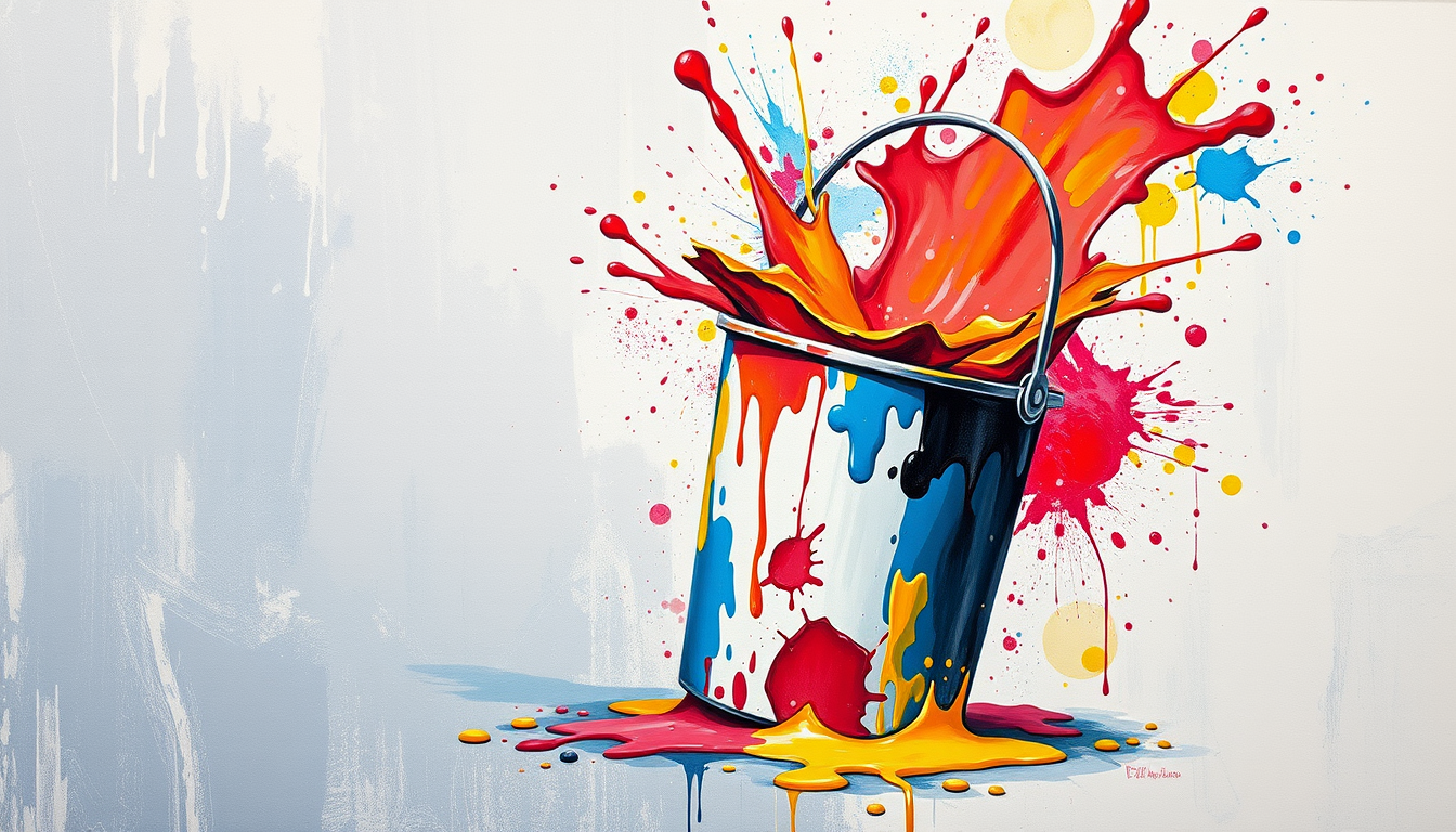 Main art studio: make a poster of a art bucket splash with a paint bucket make the poster say on the side art cheap good and no change