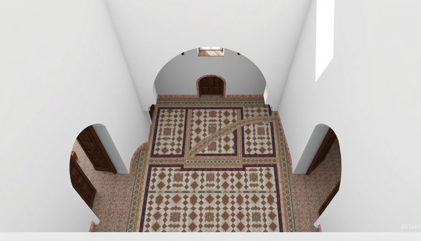AI Art prompt example created from the prompt: UE5 beginner level-design blockout: one compact playable interior inspired by traditional Tunisian/Maghreb architecture. Layout: START → INT