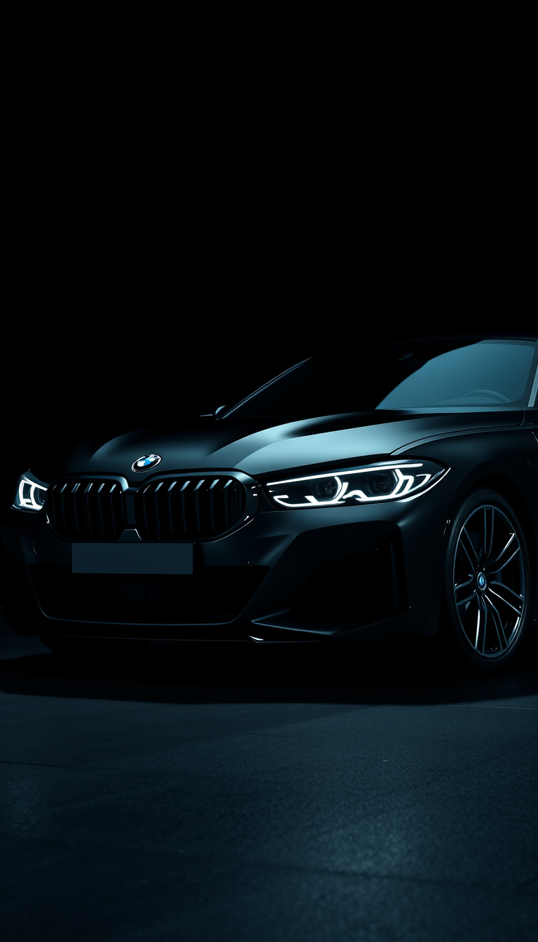 Main art studio: A black BMW performance coupe emerging from complete darkness, only the iconic headlights and subtle body contours illuminated, deep black background,