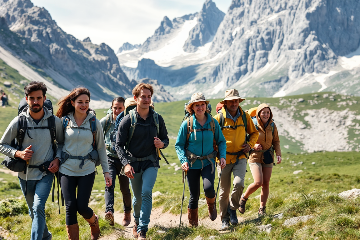 Main art studio: Photorealistic candid documentary photo of a diverse group of 6 adult hikers walking through the European Alps. Mixed genders and clearly varied skin 
