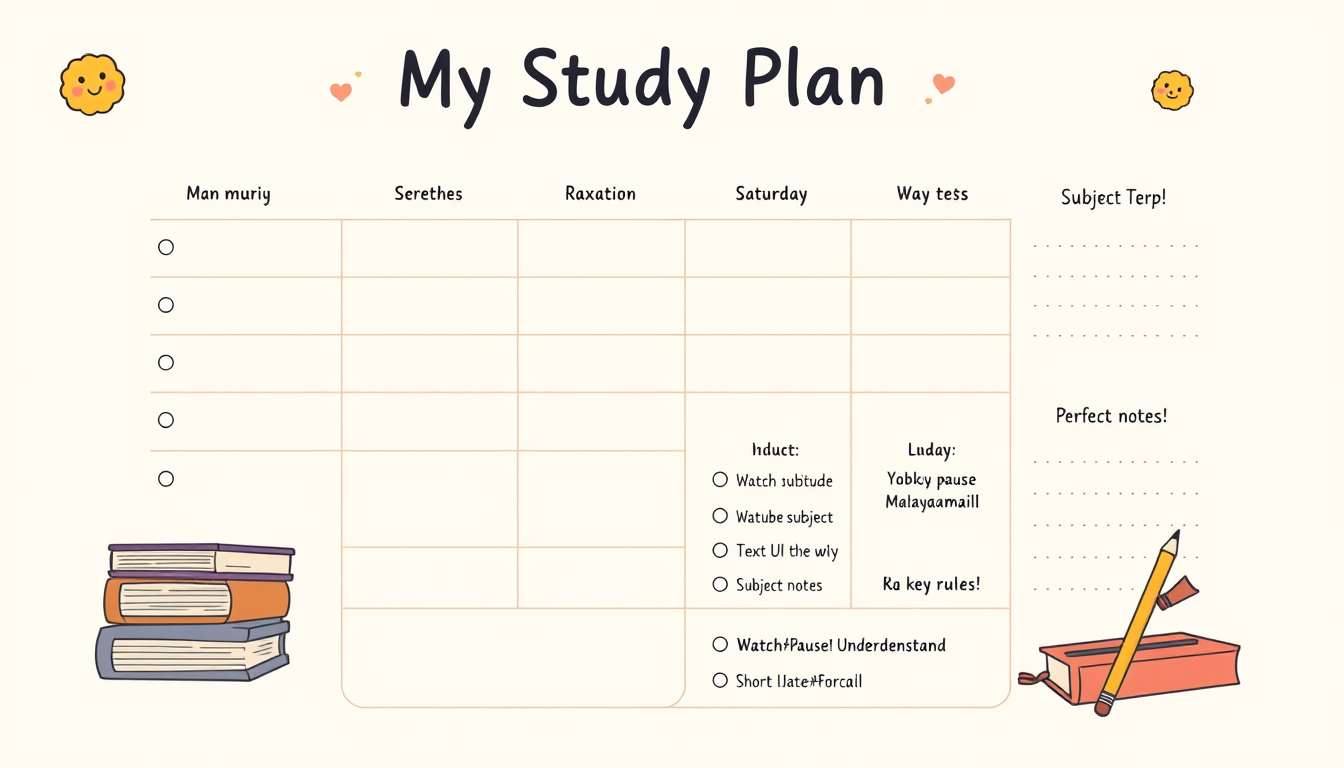 Main art studio: Cute clean A4 portrait study planner for a school student. Warm pastel beige, cream, blush, brown, sage, lavender & yellow. Add 🌷🎀🤎✨, books, pencil