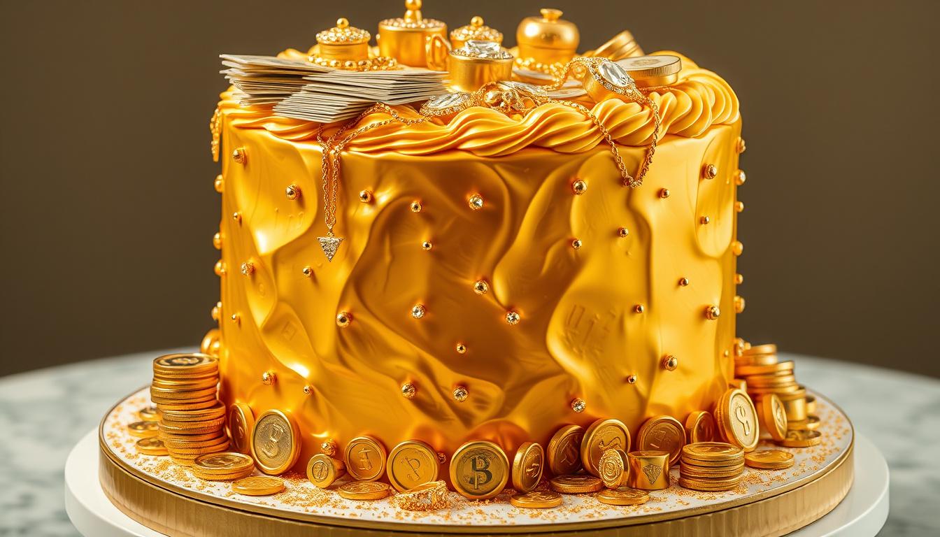 Main art studio: Ultra-realistic luxury money-themed cake covered in glossy gold frosting, decorated with stacks of realistic banknotes, piles of gold coins, sparkling