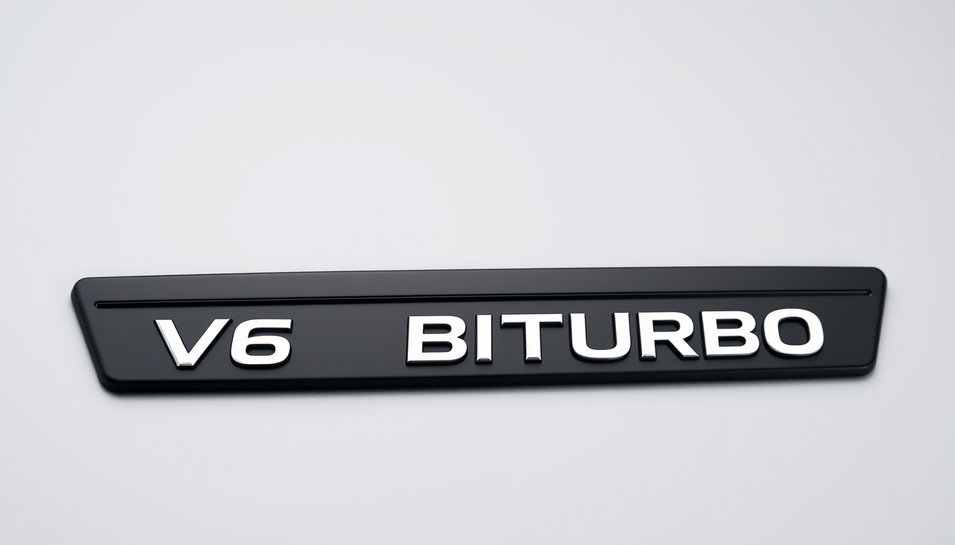Main art studio: A clean professional badge design mockup, showing the text "V6 BITURBO" as a premium OEM-style design. Total badge width approximately 110 mm, "V6" mu