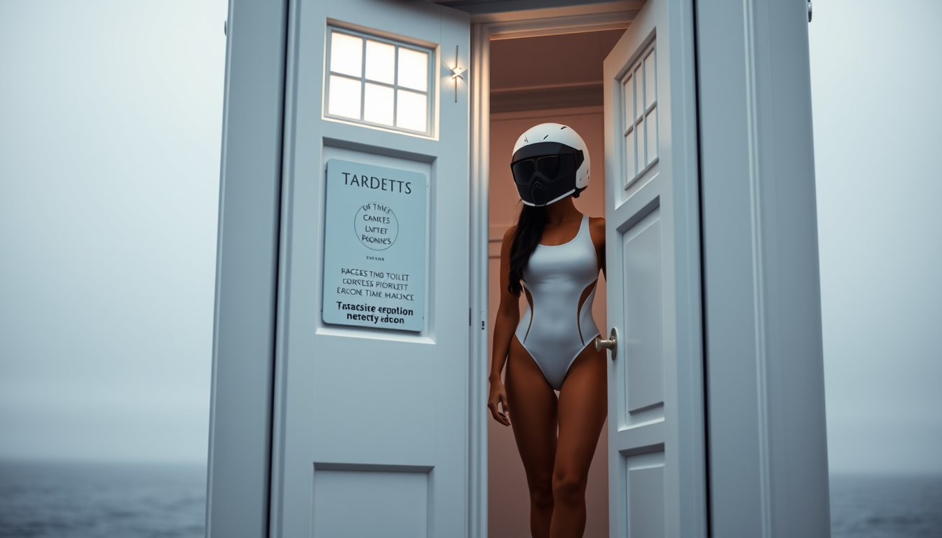 Main art studio: A woman wearing white one piece competition swimsuit and brawl stars janet's helmet inside a massive and tallest size portable toilet shaped time mach