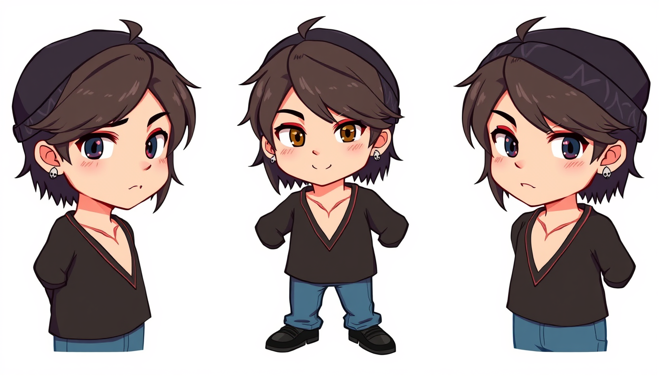 VTuber idea: vtuber avatar character, anime style, expressive face, streaming-ready design, male character, slightly feminine. dark brown hair, black shirt with a