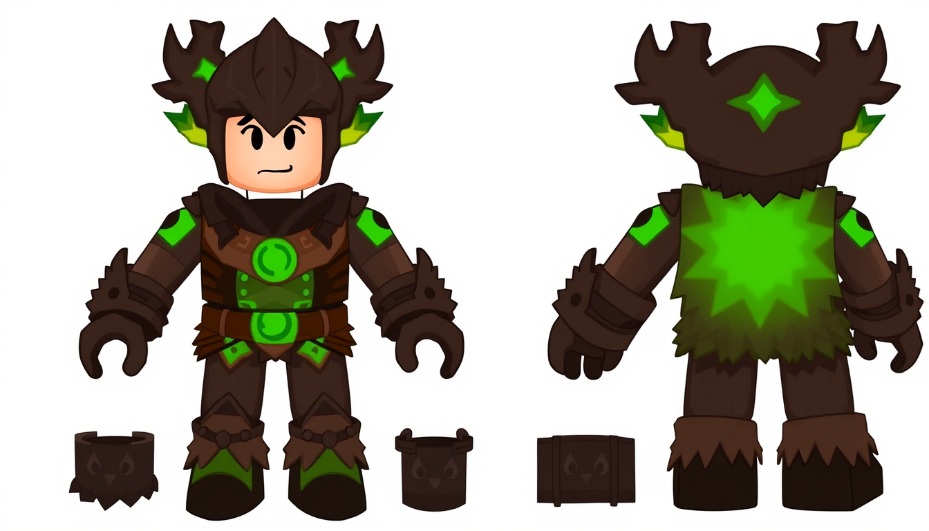 Main art studio: Fantasy forest guardian Roblox avatar, shown as 6 separate parts: head, torso, left arm, right arm, left leg, right leg. Woodland warrior armor made o