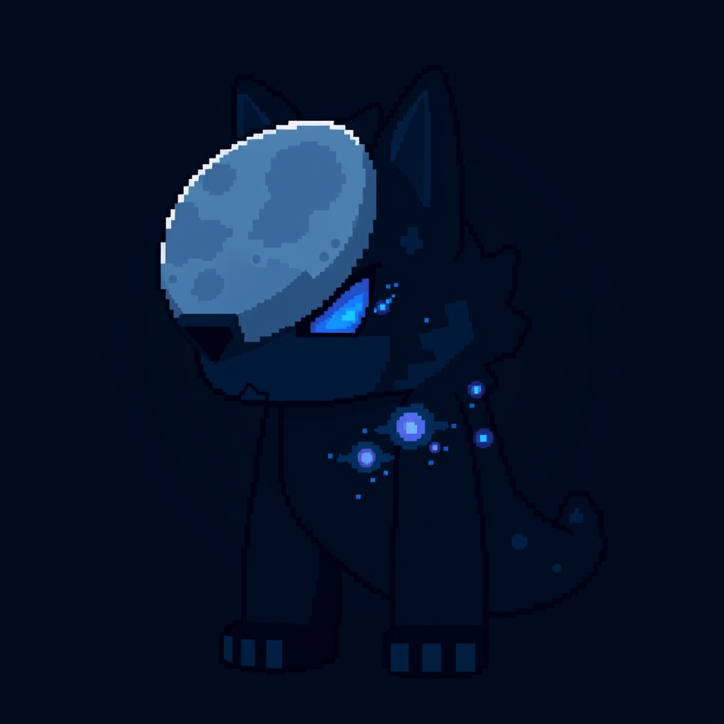 Main art studio: Personnage Minecraft en pixel art, vue de face uniquement, en pied, tête aux pieds visibles, centré. Personnage inspiré de Cosmic Garou, corps sombre